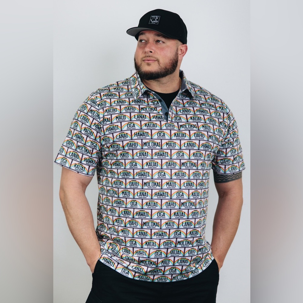 Oahu Golf Apparel 'License Plate' men's polo in XS